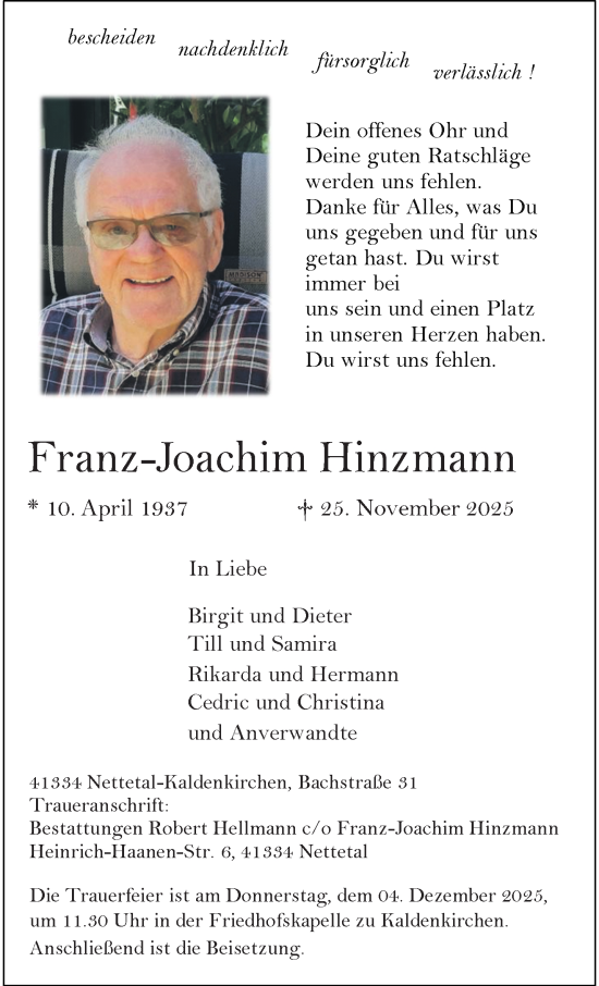Traueranzeige von Franz-Joachim Hinzmann von trauer.panorama-anzeigenblatt.de