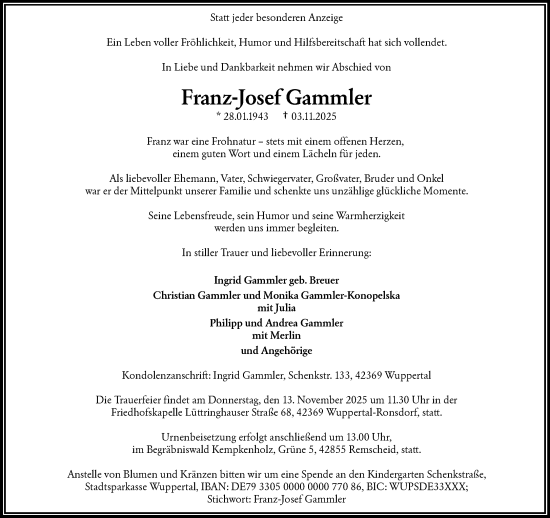 Traueranzeige von Franz-Josef Gammler von trauer.wuppertaler-rundschau.de