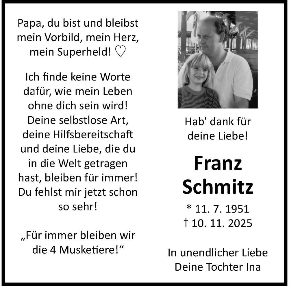  Traueranzeige für Franz Schmitz vom 16.11.2025 aus trauer.panorama-anzeigenblatt.de