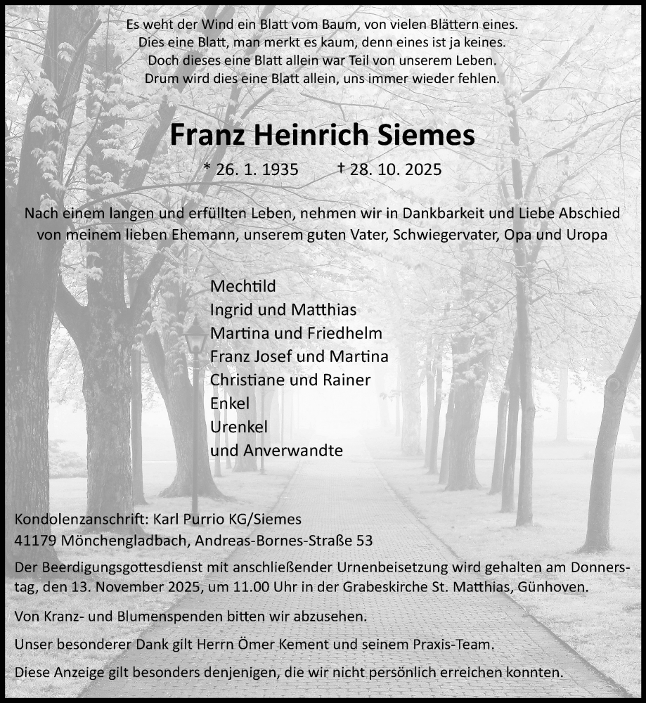  Traueranzeige für Franz Heinrich Siemes vom 09.11.2025 aus trauer.panorama-anzeigenblatt.de