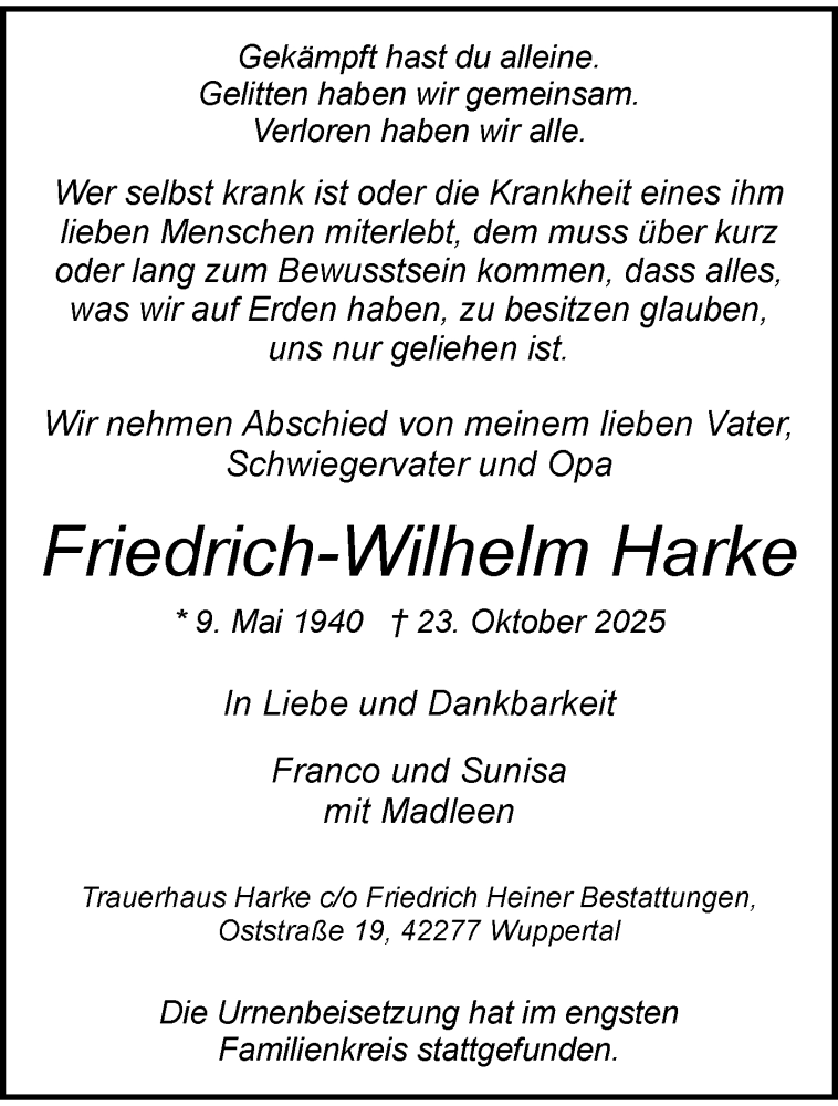  Traueranzeige für Friedrich-Wilhelm Harke vom 08.11.2025 aus trauer.wuppertaler-rundschau.de