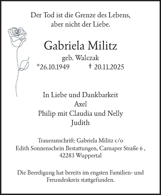 Traueranzeige von Gabriela Militz von trauer.wuppertaler-rundschau.de