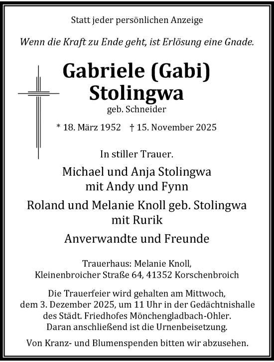 Traueranzeige von Gabriele Stolingwa von trauer.panorama-anzeigenblatt.de