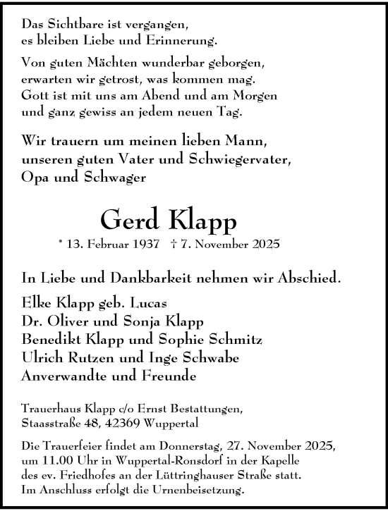 Traueranzeige von Gerd Klapp von trauer.wuppertaler-rundschau.de