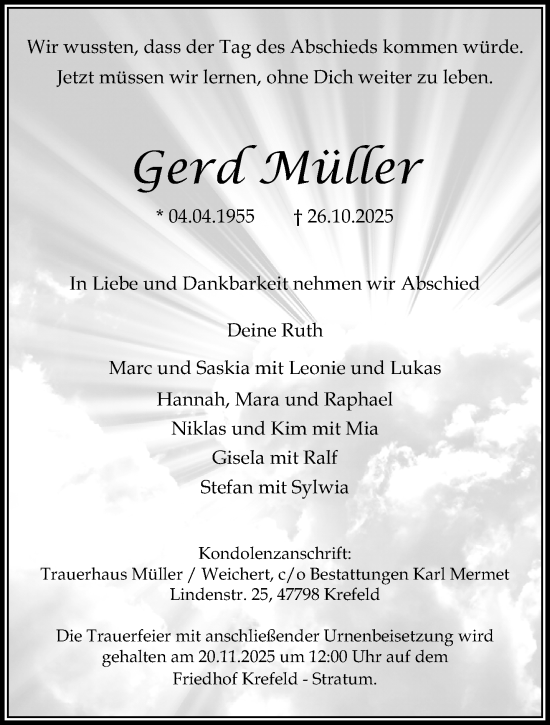 Traueranzeige von Gerd Müller von trauer.panorama-anzeigenblatt.de