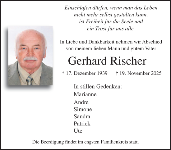 Traueranzeige von Gerhard Rischer von trauer.panorama-anzeigenblatt.de
