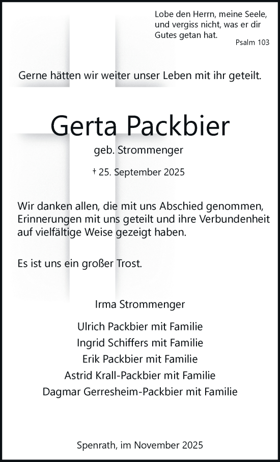 Traueranzeige von Gerta Packbier von trauer.stadt-kurier.de