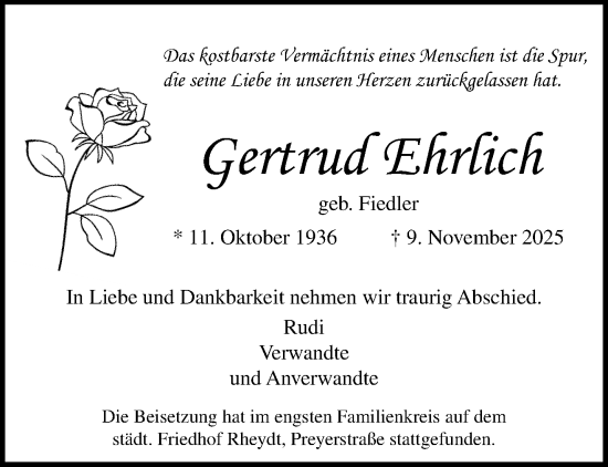 Traueranzeige von Gertrud Ehrlich von trauer.panorama-anzeigenblatt.de