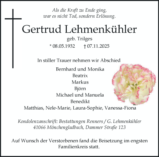 Traueranzeige von Gertrud Lehmenkühler von trauer.panorama-anzeigenblatt.de