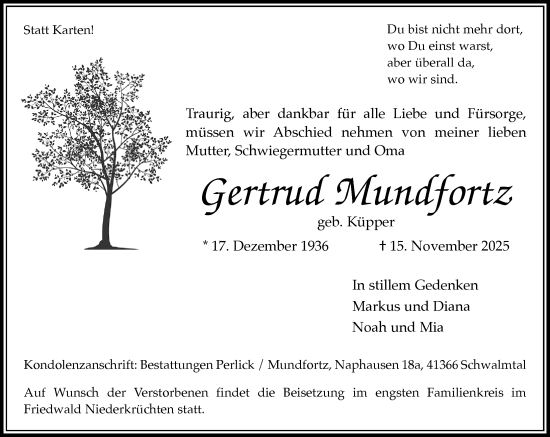 Traueranzeige von Gertrud Mundfortz von trauer.panorama-anzeigenblatt.de