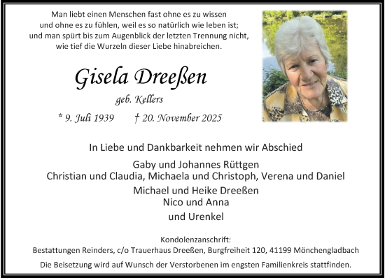 Traueranzeige von Gisela Dreßen von trauer.panorama-anzeigenblatt.de