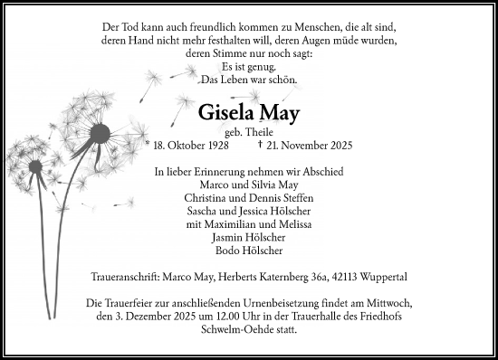 Traueranzeige von Gisela May von trauer.wuppertaler-rundschau.de