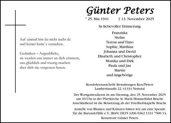 Traueranzeige von Günter Peters von trauer.panorama-anzeigenblatt.de