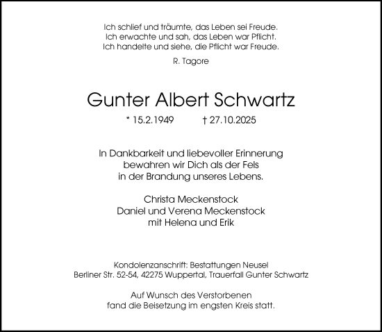Traueranzeige von Gunter Albert Schwartz von trauer.wuppertaler-rundschau.de