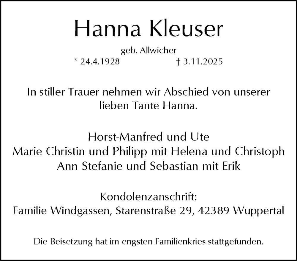  Traueranzeige für Hanna Kleuser vom 15.11.2025 aus trauer.wuppertaler-rundschau.de