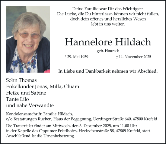 Traueranzeige von Hannelore Hildach von trauer.panorama-anzeigenblatt.de