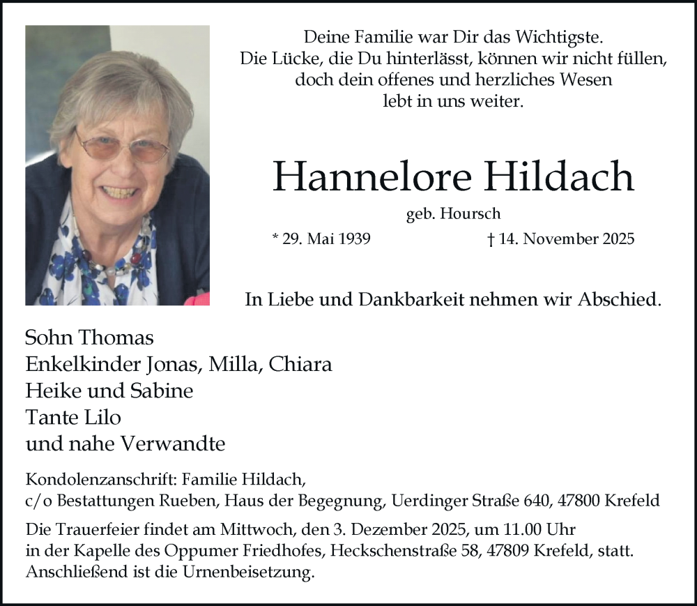  Traueranzeige für Hannelore Hildach vom 23.11.2025 aus trauer.panorama-anzeigenblatt.de