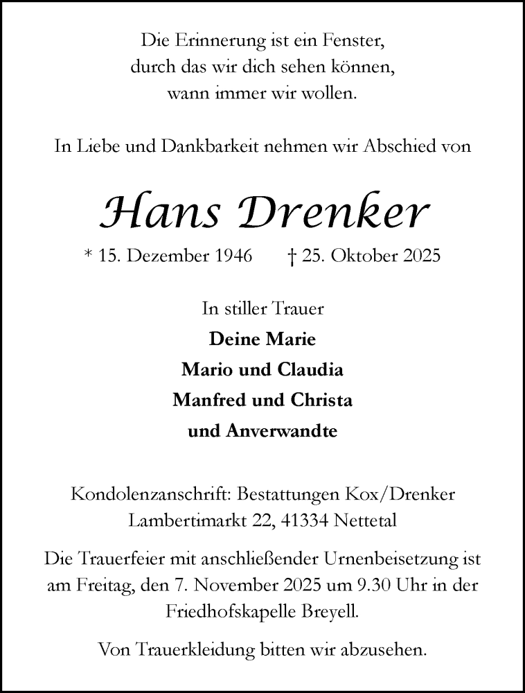  Traueranzeige für Hans Drenker vom 02.11.2025 aus trauer.panorama-anzeigenblatt.de