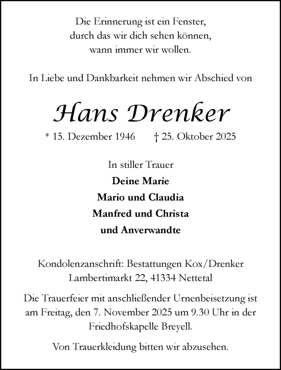 Traueranzeige von Hans Drenker von trauer.panorama-anzeigenblatt.de