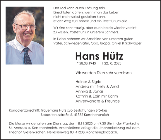 Traueranzeige von Hans Hütz von trauer.panorama-anzeigenblatt.de