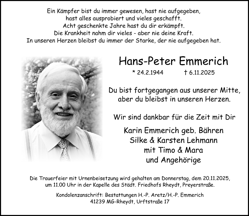  Traueranzeige für Hans-Peter Emmerich vom 16.11.2025 aus trauer.panorama-anzeigenblatt.de