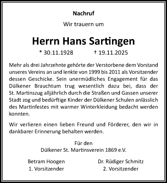 Traueranzeige von Hans Sartingen von trauer.panorama-anzeigenblatt.de