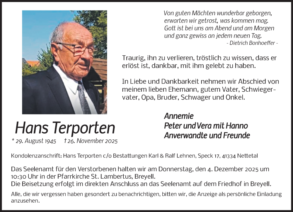 Traueranzeige für Hans Terporten vom 30.11.2025 aus trauer.panorama-anzeigenblatt.de
