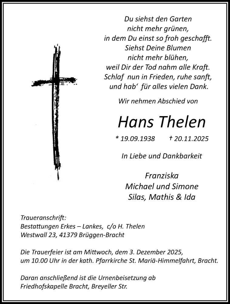  Traueranzeige für Hans Thelen vom 30.11.2025 aus trauer.panorama-anzeigenblatt.de