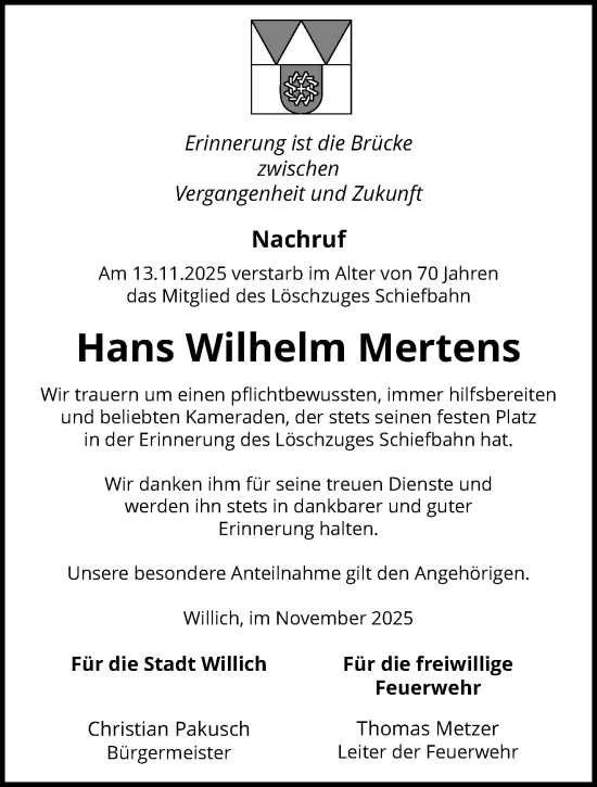 Traueranzeige von Hans Wilhelm Mertens von trauer.panorama-anzeigenblatt.de