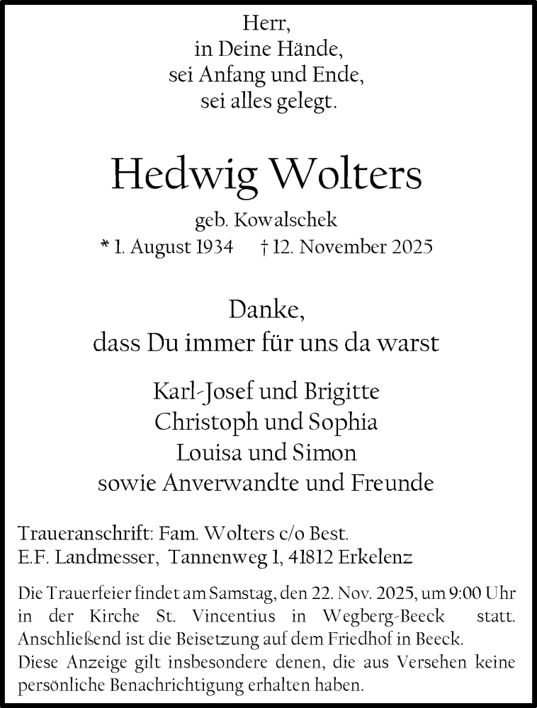  Traueranzeige für Hedwig Wolters vom 16.11.2025 aus trauer.panorama-anzeigenblatt.de