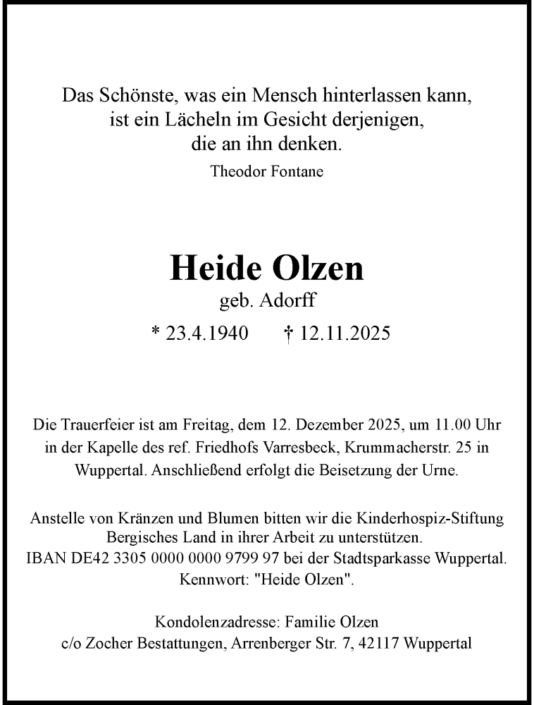  Traueranzeige für Heide Olzen vom 29.11.2025 aus trauer.wuppertaler-rundschau.de