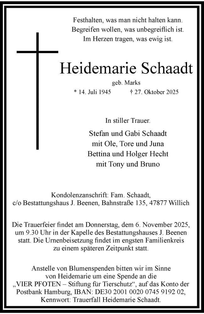  Traueranzeige für Heidemarie Schaadt vom 02.11.2025 aus trauer.panorama-anzeigenblatt.de