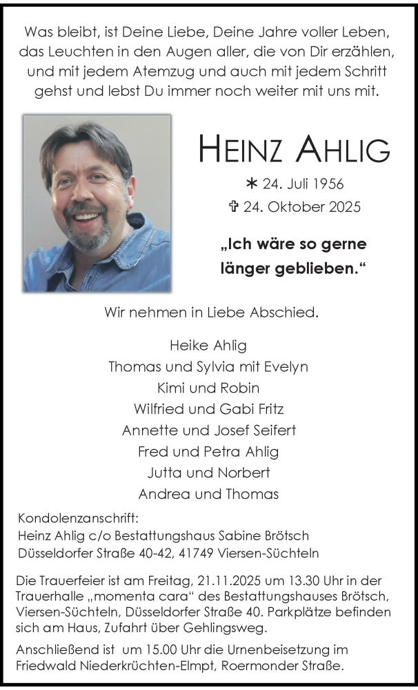  Traueranzeige für Heinz Ahlig vom 02.11.2025 aus trauer.panorama-anzeigenblatt.de