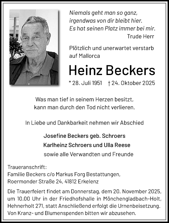 Traueranzeige von Heinz Beckers von trauer.panorama-anzeigenblatt.de