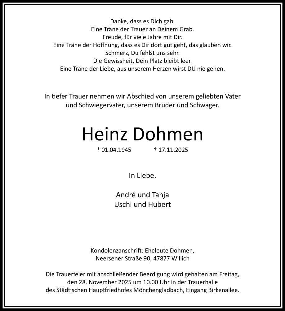  Traueranzeige für Heinz Dohmen vom 23.11.2025 aus trauer.panorama-anzeigenblatt.de