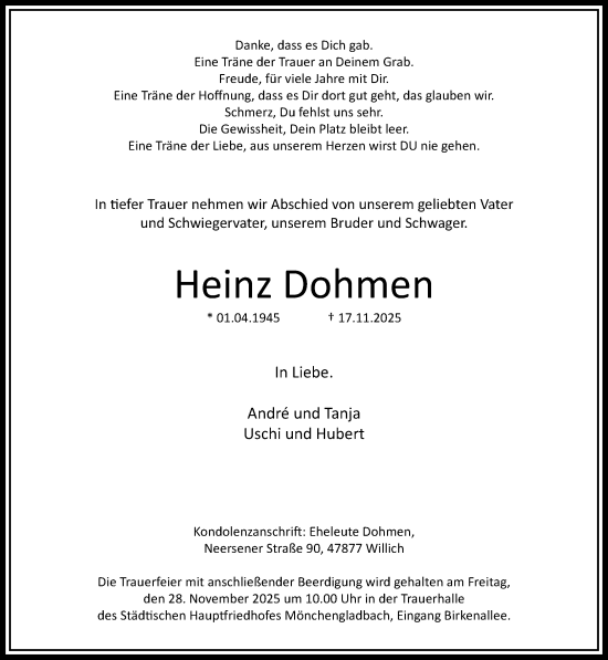 Traueranzeige von Heinz Dohmen von trauer.panorama-anzeigenblatt.de
