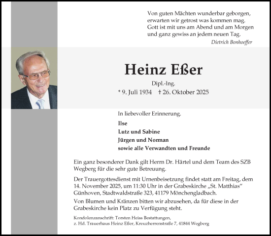 Traueranzeige von Heinz Eßer von trauer.panorama-anzeigenblatt.de