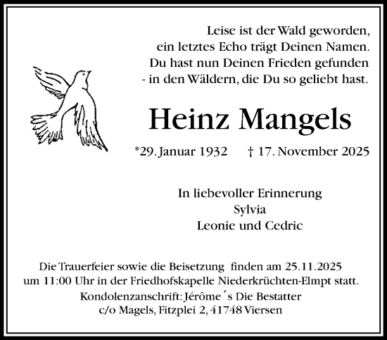 Traueranzeige von Heinz Mangels von trauer.panorama-anzeigenblatt.de