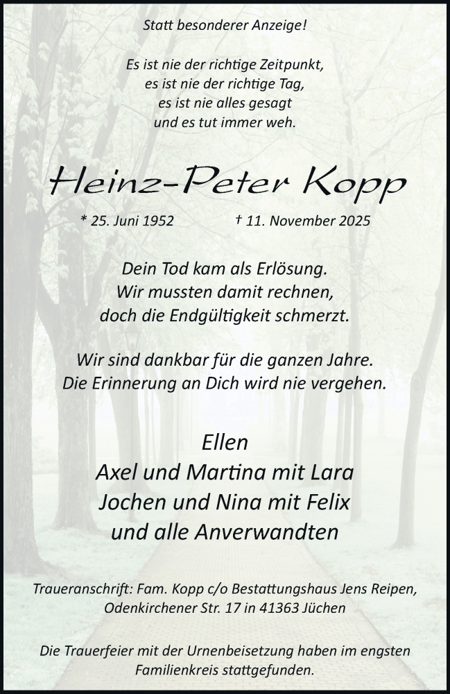  Traueranzeige für Heinz-Peter Kopp vom 29.11.2025 aus trauer.stadt-kurier.de