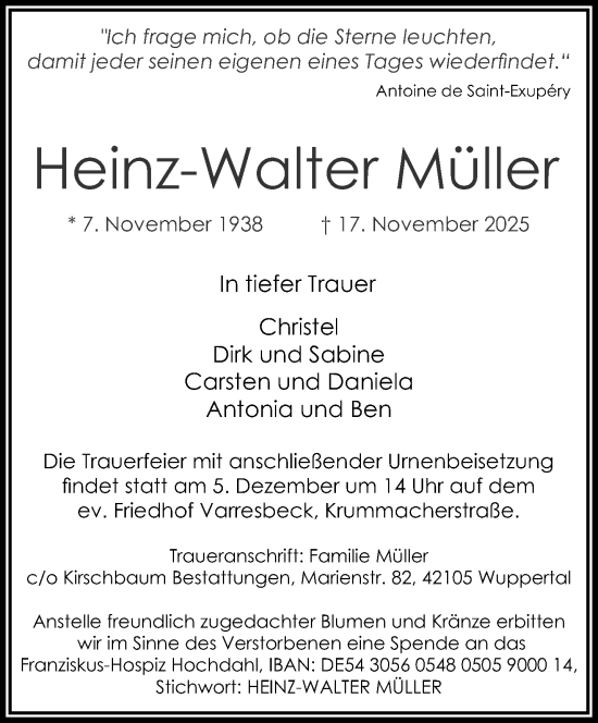Traueranzeige von Heinz-Walter Müller von trauer.wuppertaler-rundschau.de