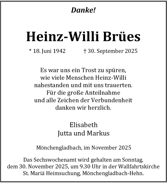 Traueranzeige von Heinz-Willi Brües von trauer.panorama-anzeigenblatt.de