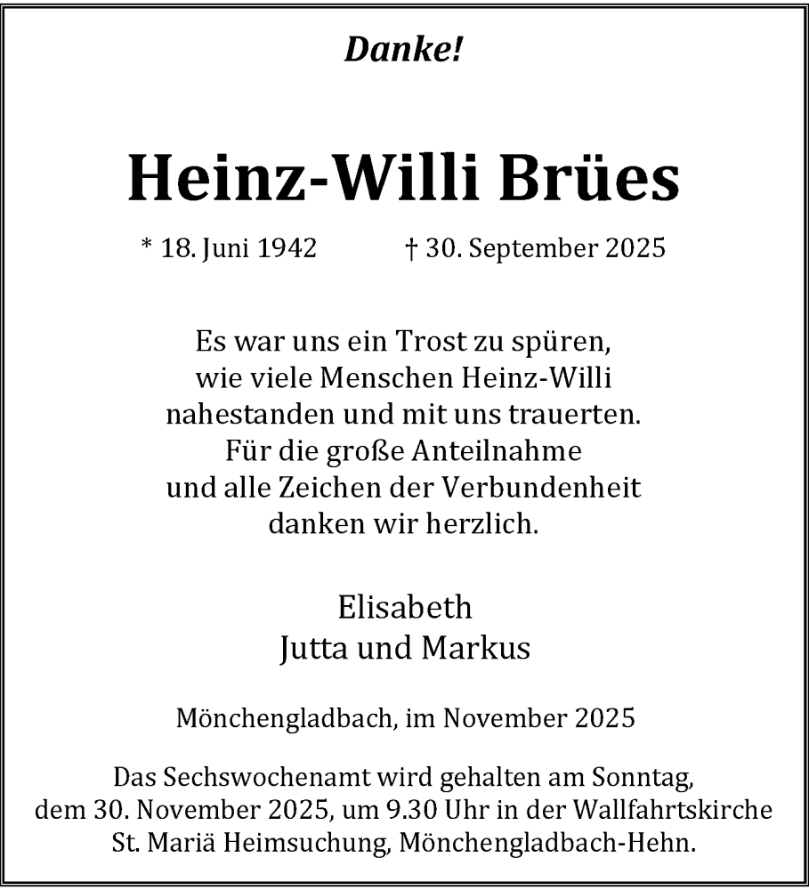  Traueranzeige für Heinz-Willi Brües vom 23.11.2025 aus trauer.panorama-anzeigenblatt.de