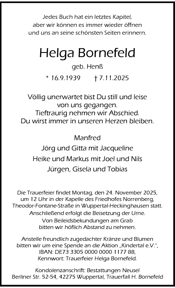  Traueranzeige für Helga Bornefeld vom 22.11.2025 aus trauer.wuppertaler-rundschau.de