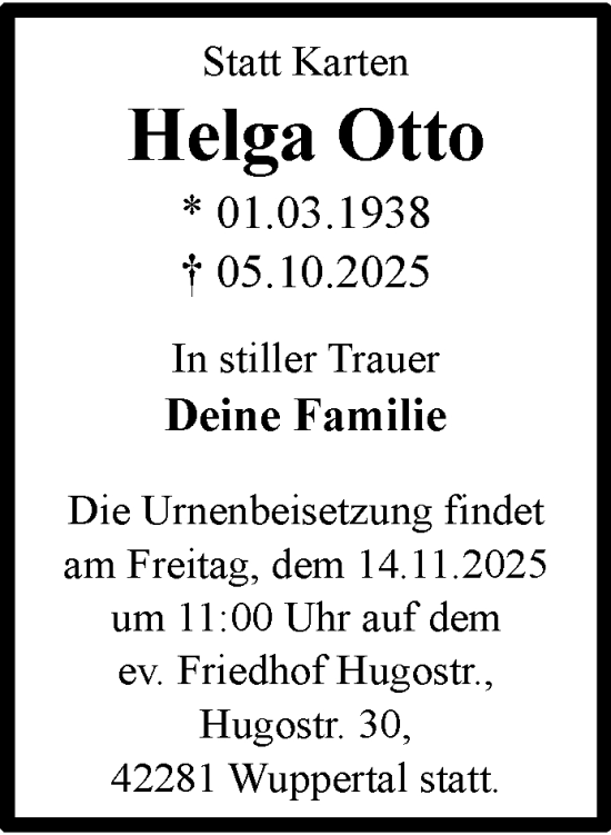 Traueranzeige von Helga Otto von trauer.wuppertaler-rundschau.de