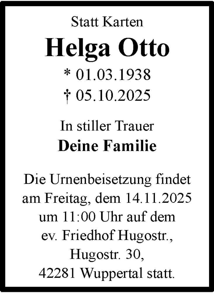  Traueranzeige für Helga Otto vom 08.11.2025 aus trauer.wuppertaler-rundschau.de