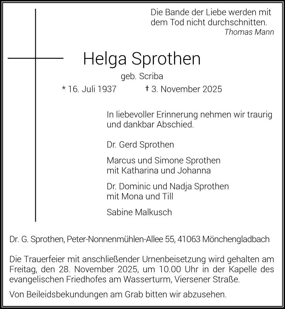  Traueranzeige für Helga Sprothen vom 16.11.2025 aus trauer.panorama-anzeigenblatt.de