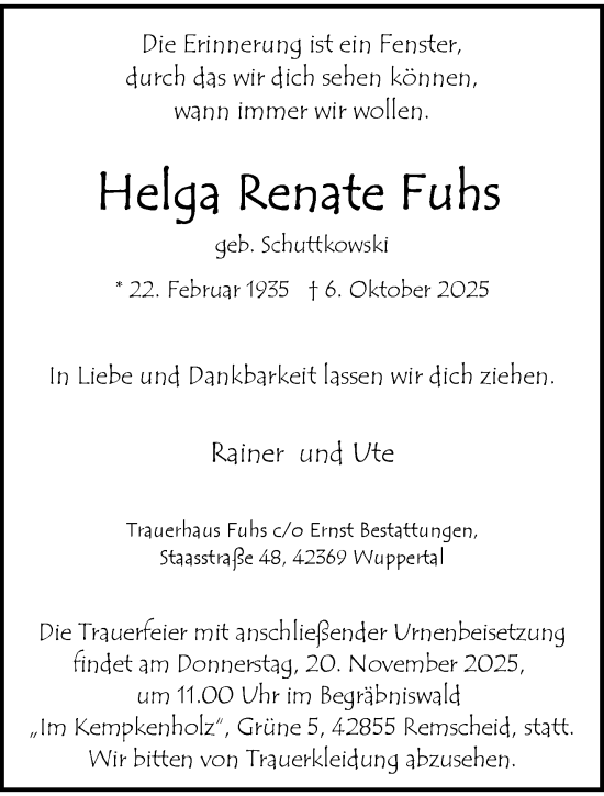 Traueranzeige von Helga Renate Fuhs von trauer.wuppertaler-rundschau.de
