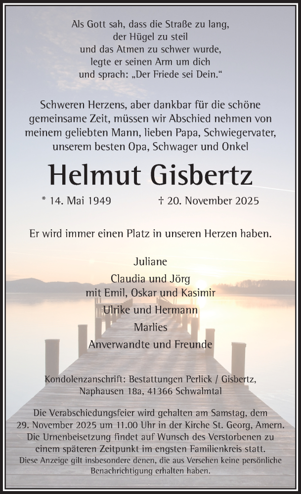  Traueranzeige für Helmut Gisbertz vom 23.11.2025 aus trauer.panorama-anzeigenblatt.de