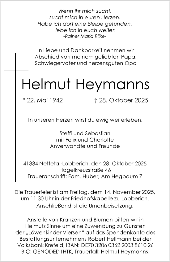 Traueranzeige von Helmut Heymanns von trauer.panorama-anzeigenblatt.de