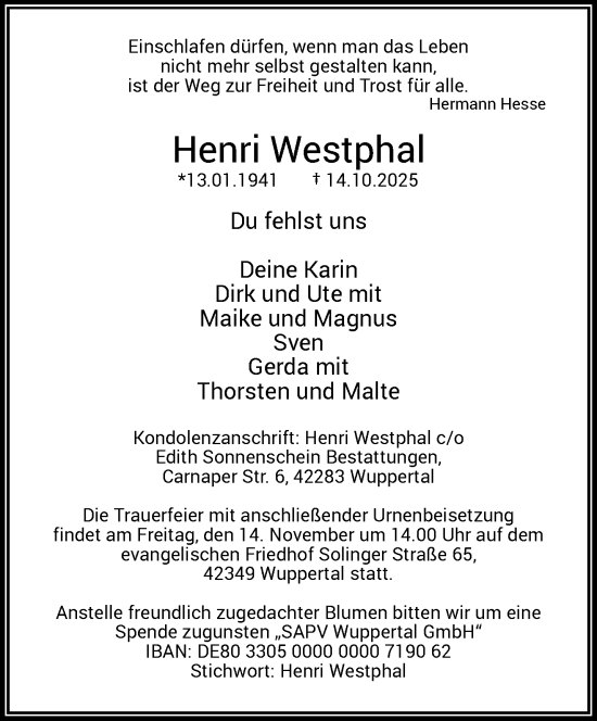Traueranzeige von Henri Westphal von trauer.wuppertaler-rundschau.de